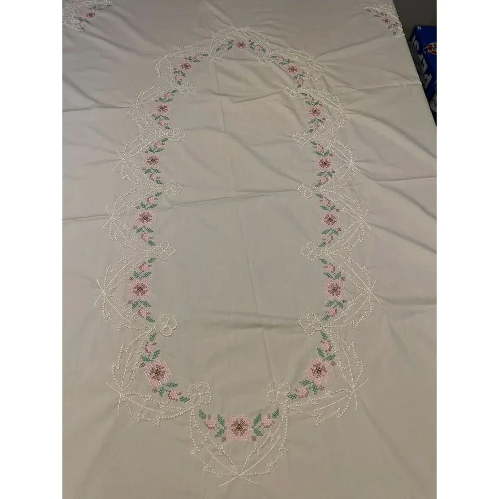 Vintage Cross Stitch Tablecloth Used Beige Mauve Green Pink